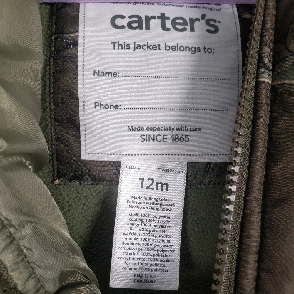 Carter's Dinosaur Puffer Jacket Kids‎ 12M Olive Green Winter Warm Coat